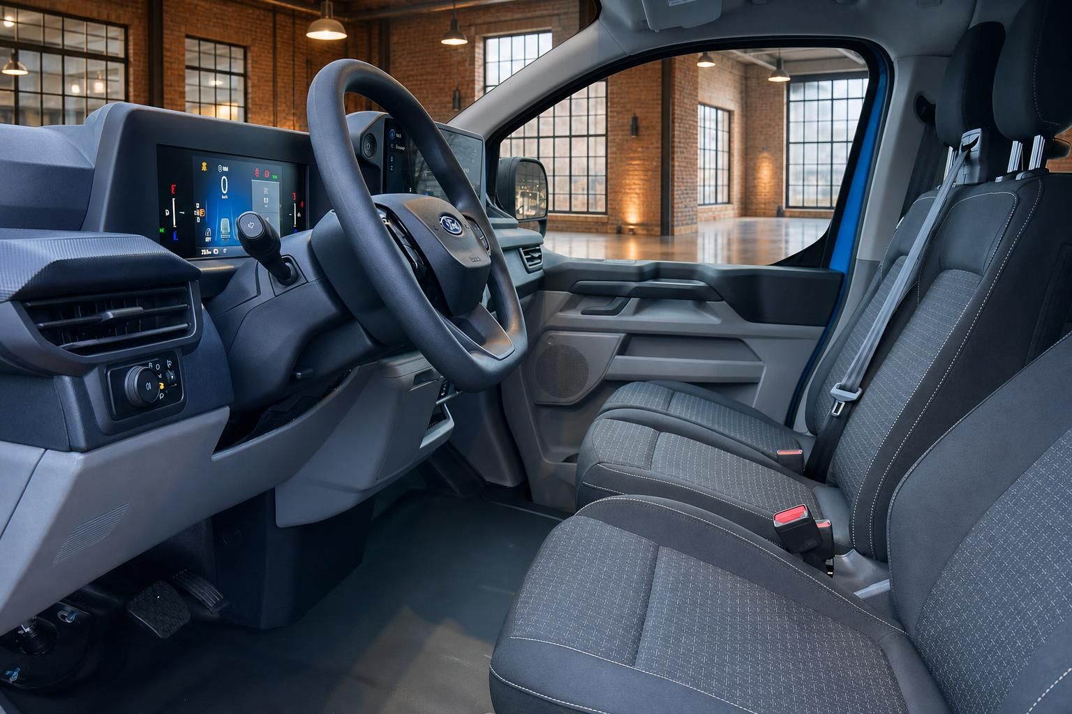 Ford Transit Innenraum mit Vordersitzen und Cockpit-Ansicht