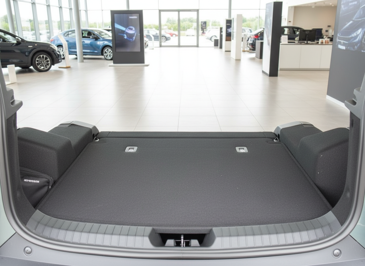 Geöffneter Kofferraum eines SUV im Autohaus – flacher Ladeboden mit umgeklappten Rücksitzen