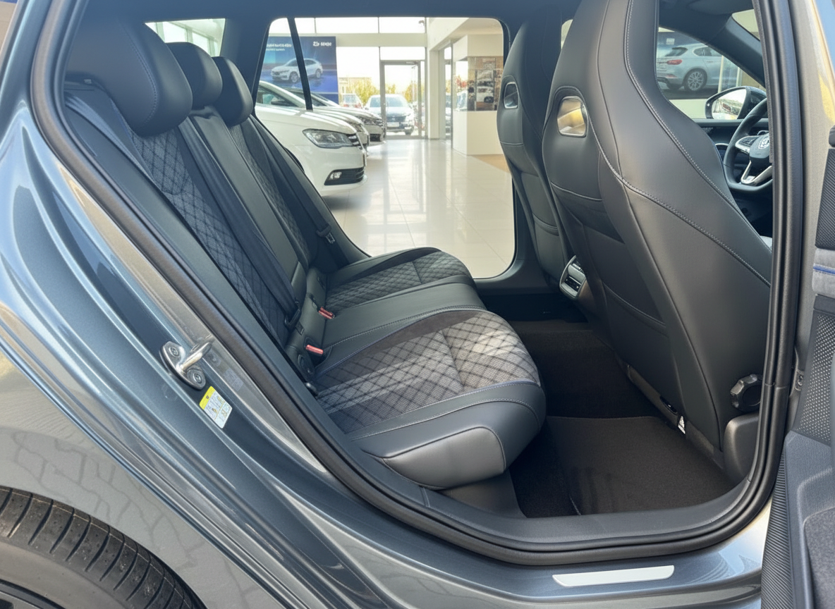 Fahrzeuginnenraum Rücksitzbereich mit schwarzem Leder und Rautenmuster-Sitzflächen