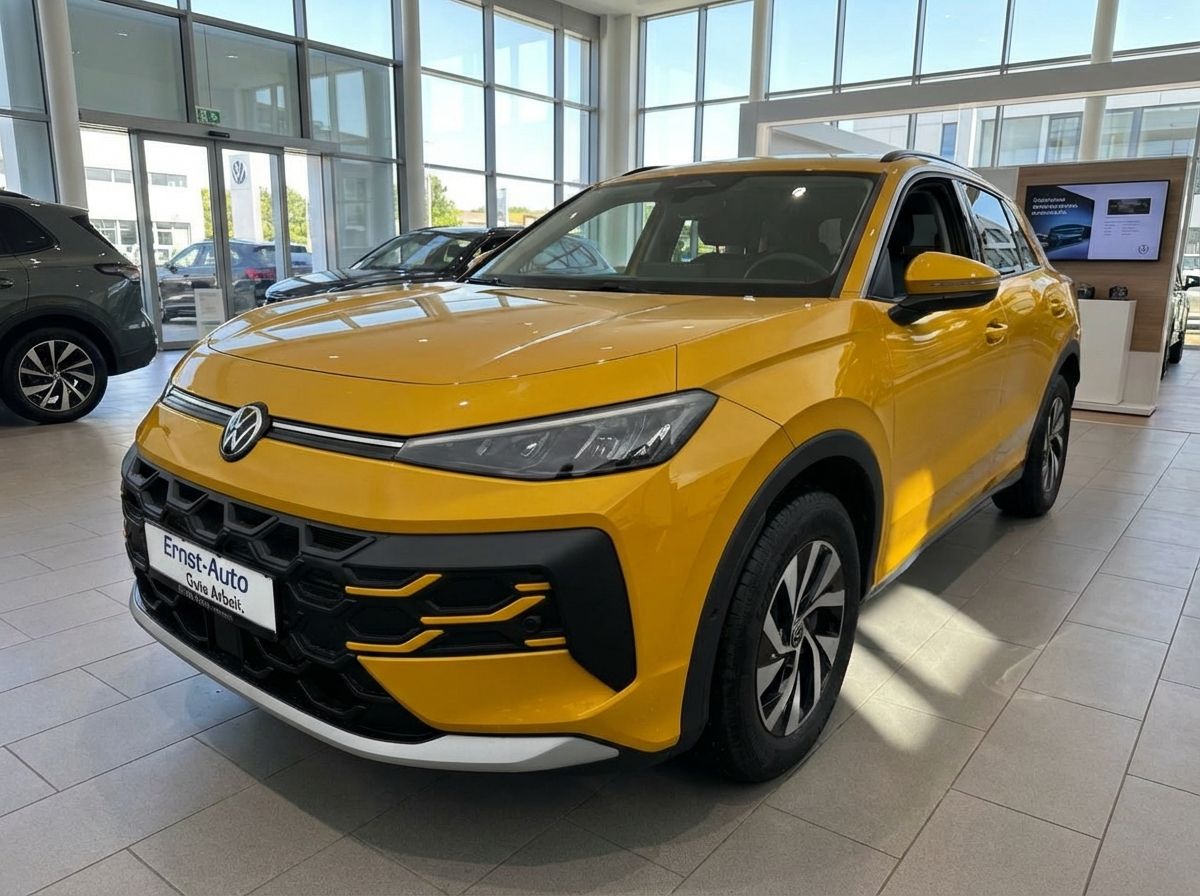 Gelber Volkswagen SUV in VW-Autohaus Ernst-Auto Ausstellungsraum Frontansicht