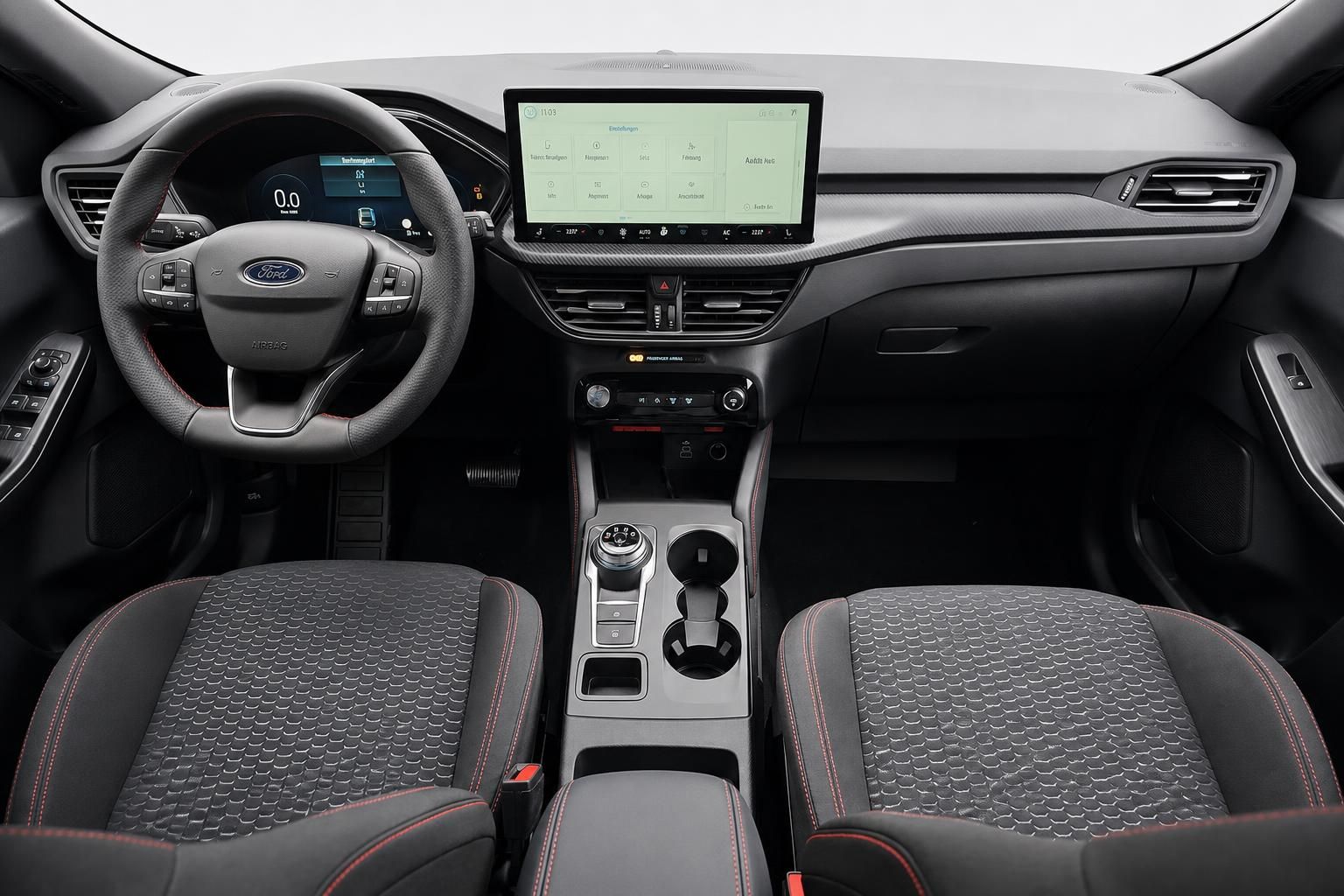 Ford Cockpit mit Lenkrad, Touchscreen und Mittelkonsole im Detail