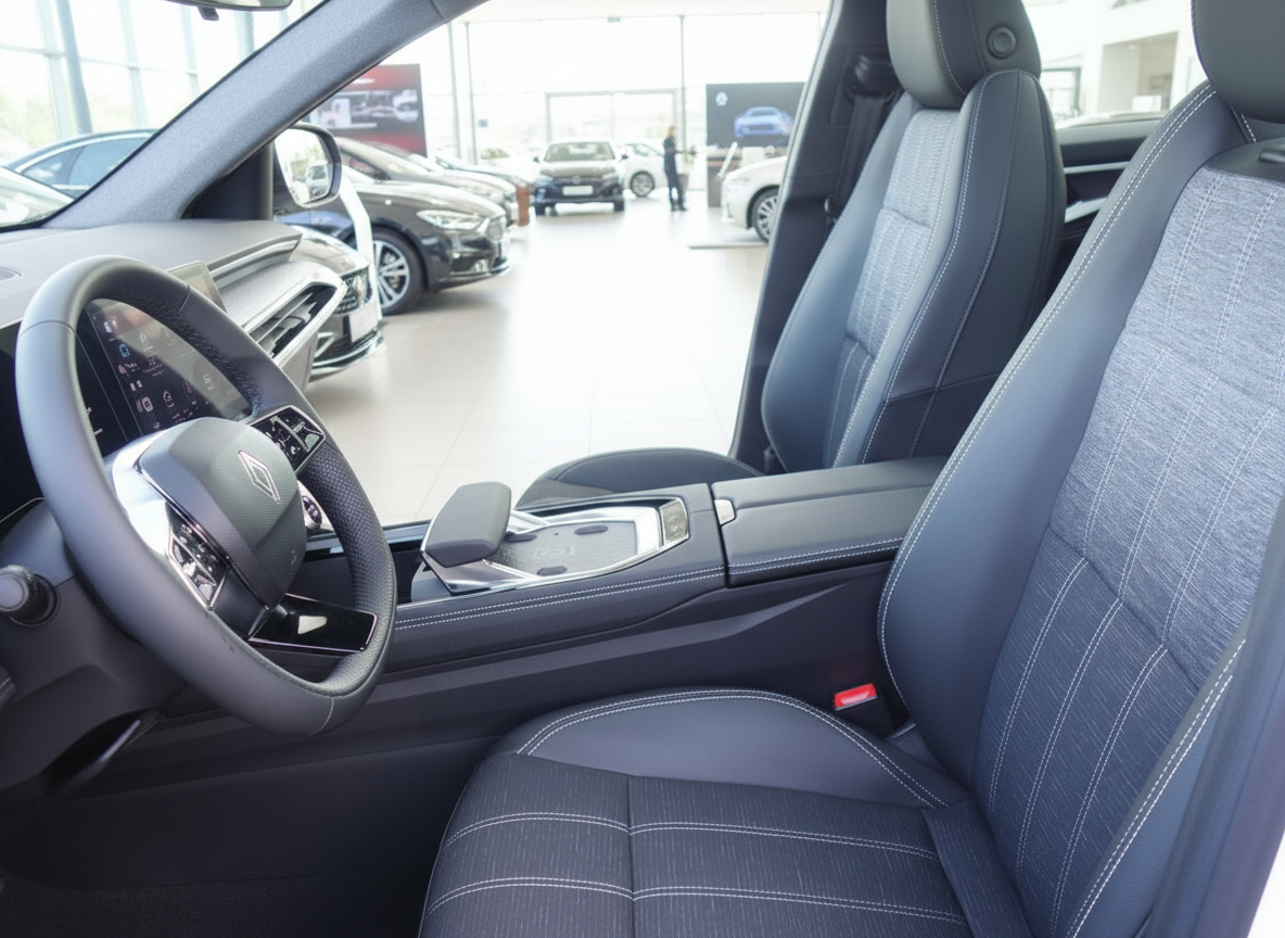 Renault Innenraum mit Lenkrad, Touchscreen und grauen Ledersitzen im Autohaus