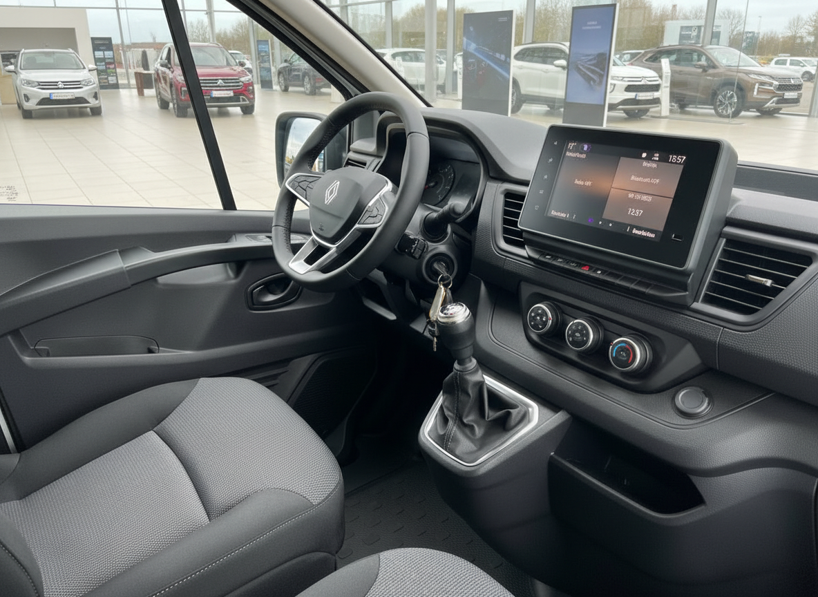 Renault Trafic Innenraum mit Lenkrad, Schaltgetriebe und Touchscreen-Infotainment