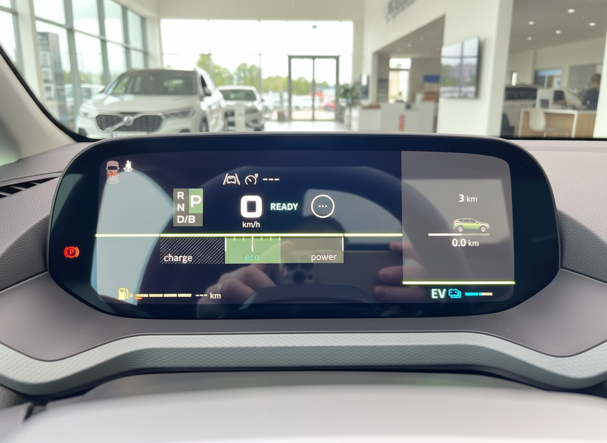 Digitales Fahrerdisplay eines Elektro-SUV mit READY-Anzeige, Eco-Modus und EV-Batterieanzeige im Autohaus