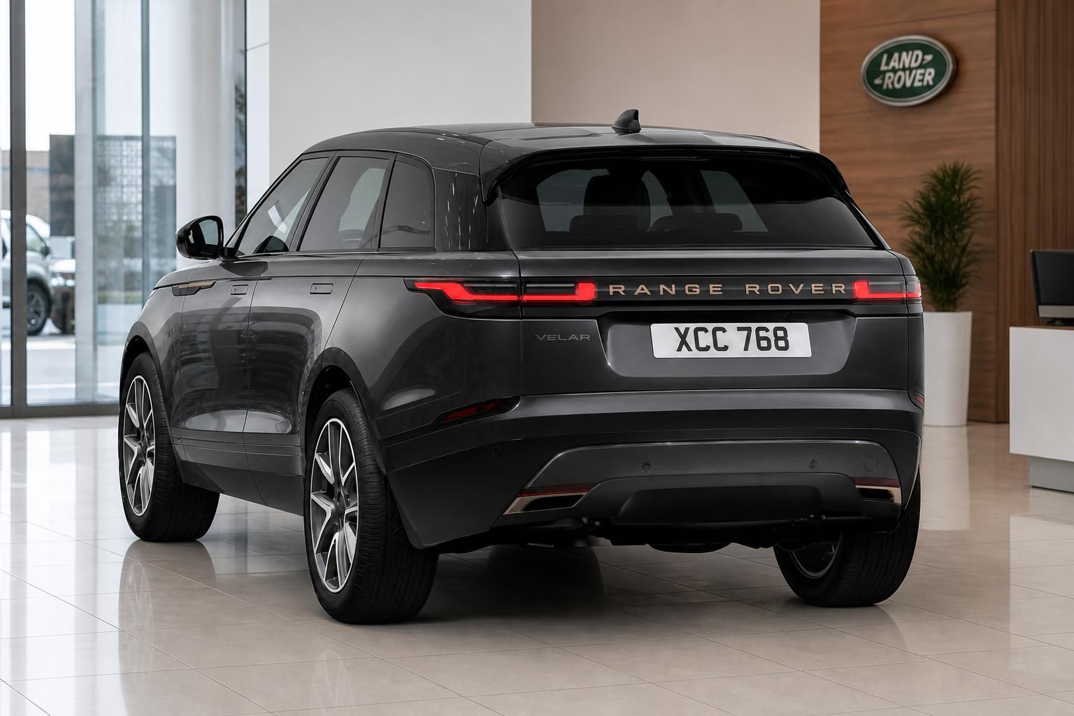 Range Rover Velar in Grau, Heckansicht im Autohaus