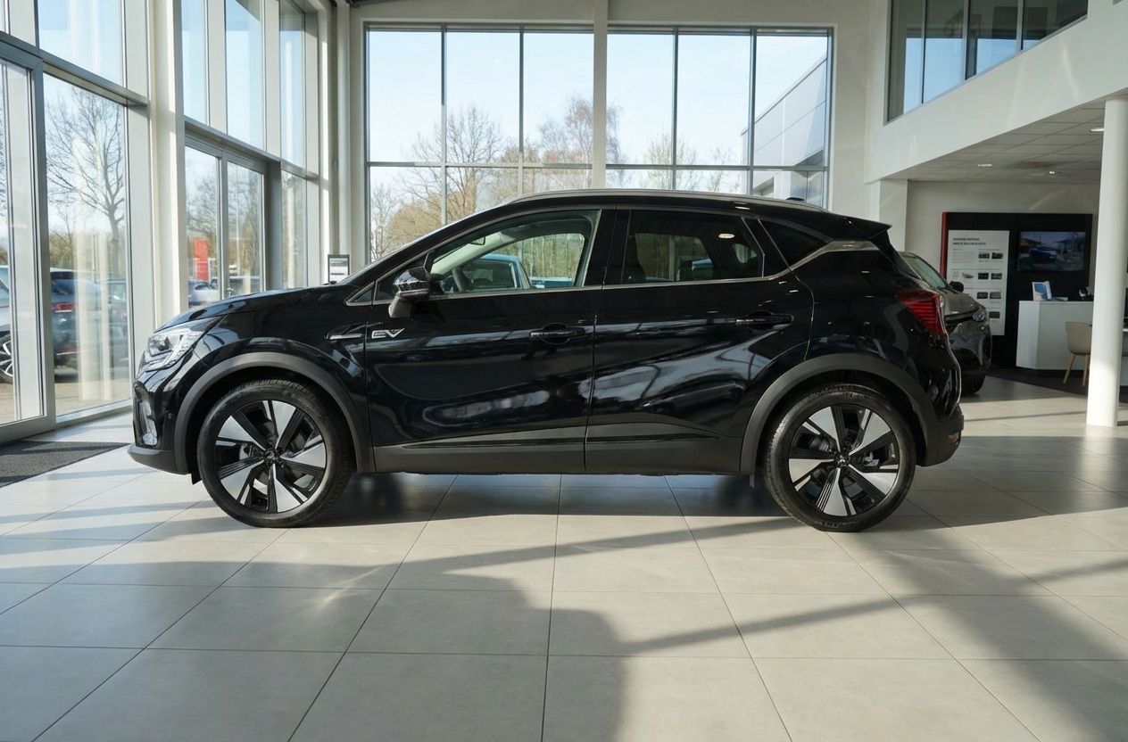 Schwarzer Elektro-SUV im Autohaus-Showroom, Seitenansicht mit Alufelgen