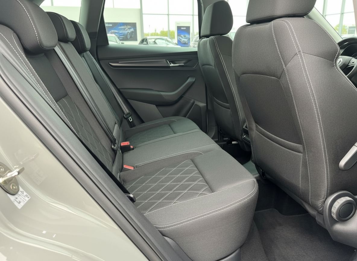 Škoda Innenraum Rücksitzbank mit schwarzem Stoff und weißen Ziernähten