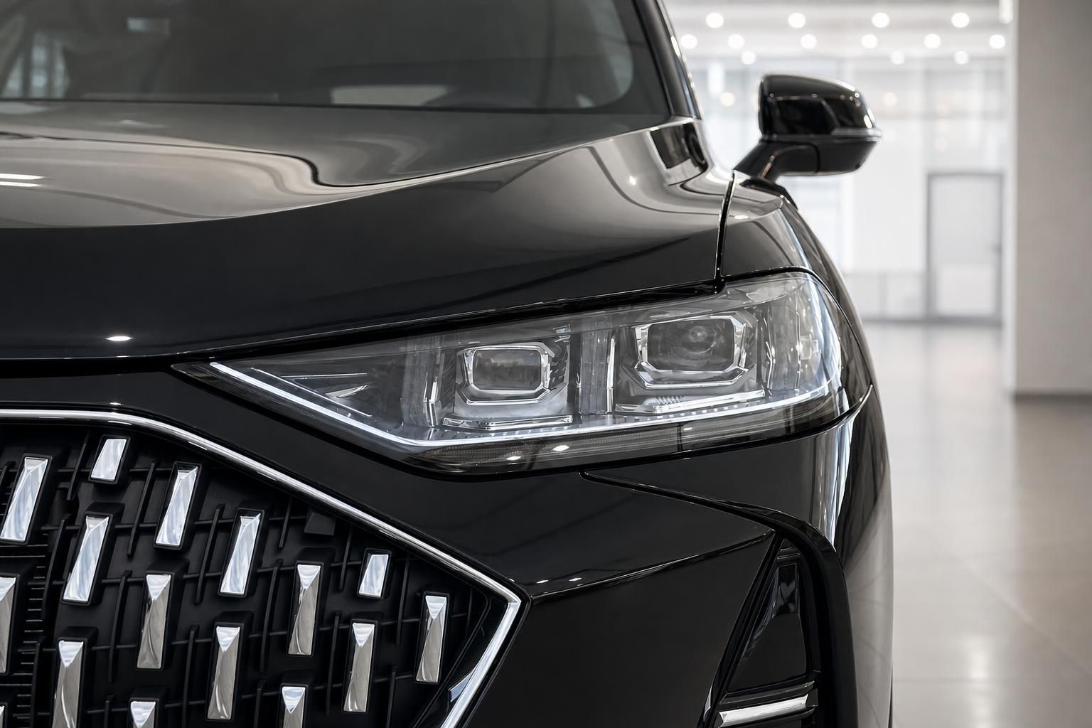 Nahaufnahme LED-Scheinwerfer und Kühlergrill eines schwarzen SUV