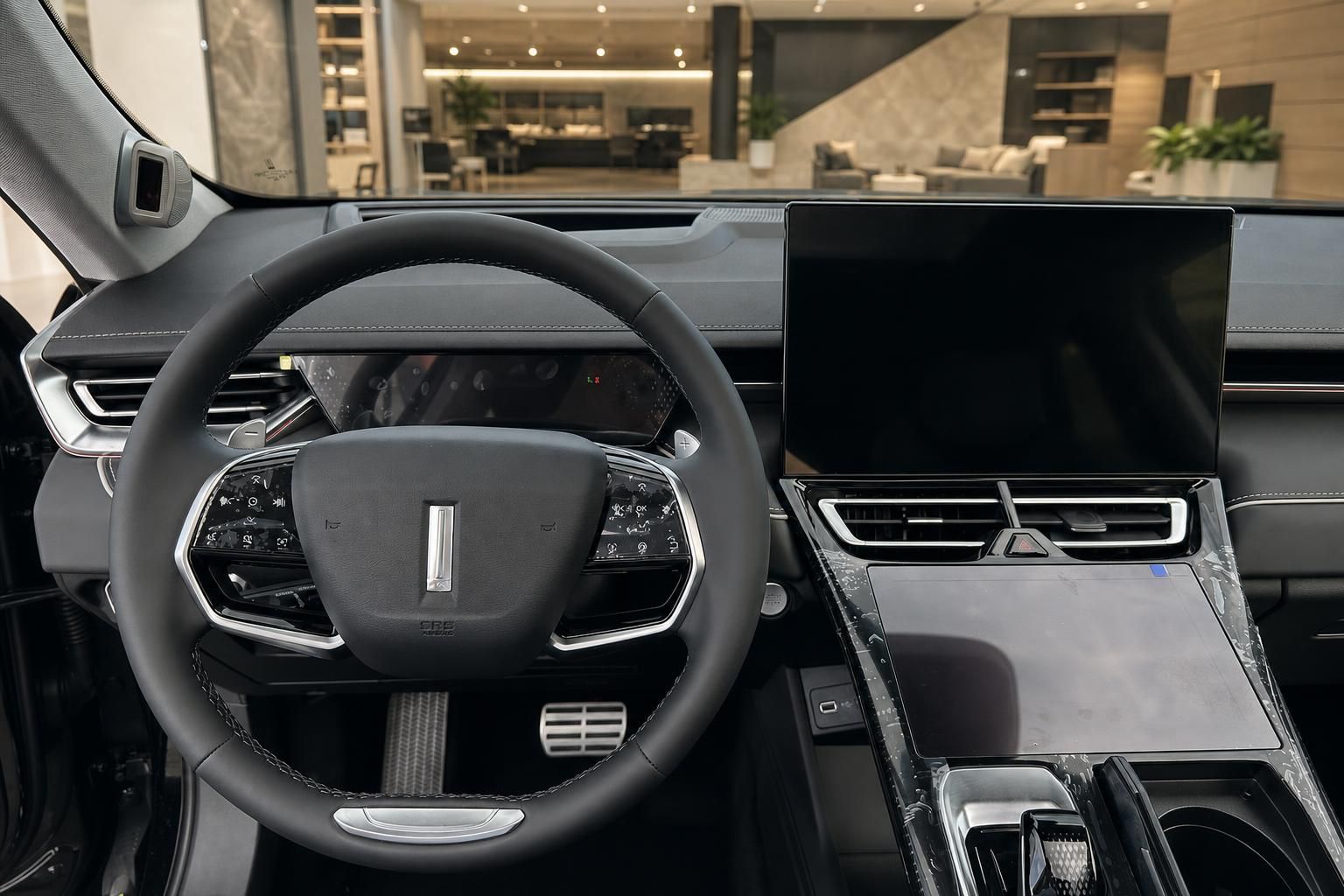 Cockpit mit Lenkrad und Touchscreen-Display im Fahrzeuginnenraum