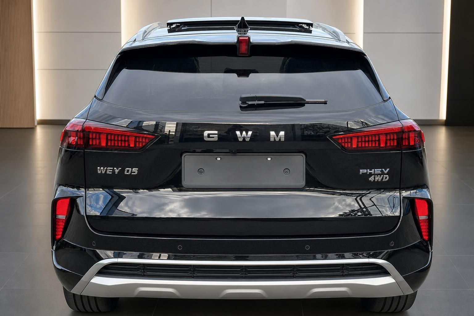 GWM Wey 05 PHEV 4WD schwarz Heckansicht frontal mit LED-Rückleuchten