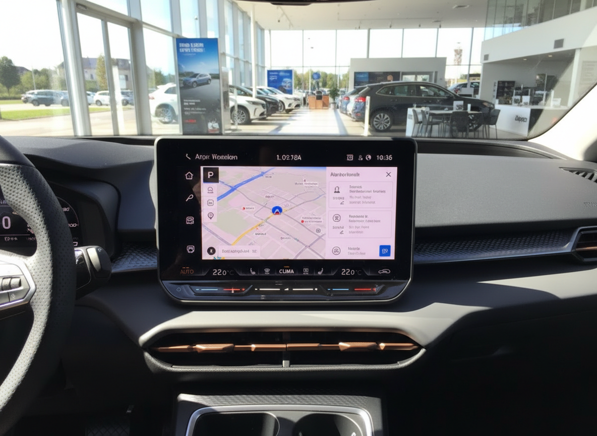 Fahrzeug Innenraum mit modernem Touchscreen-Navigationssystem im Autohaus