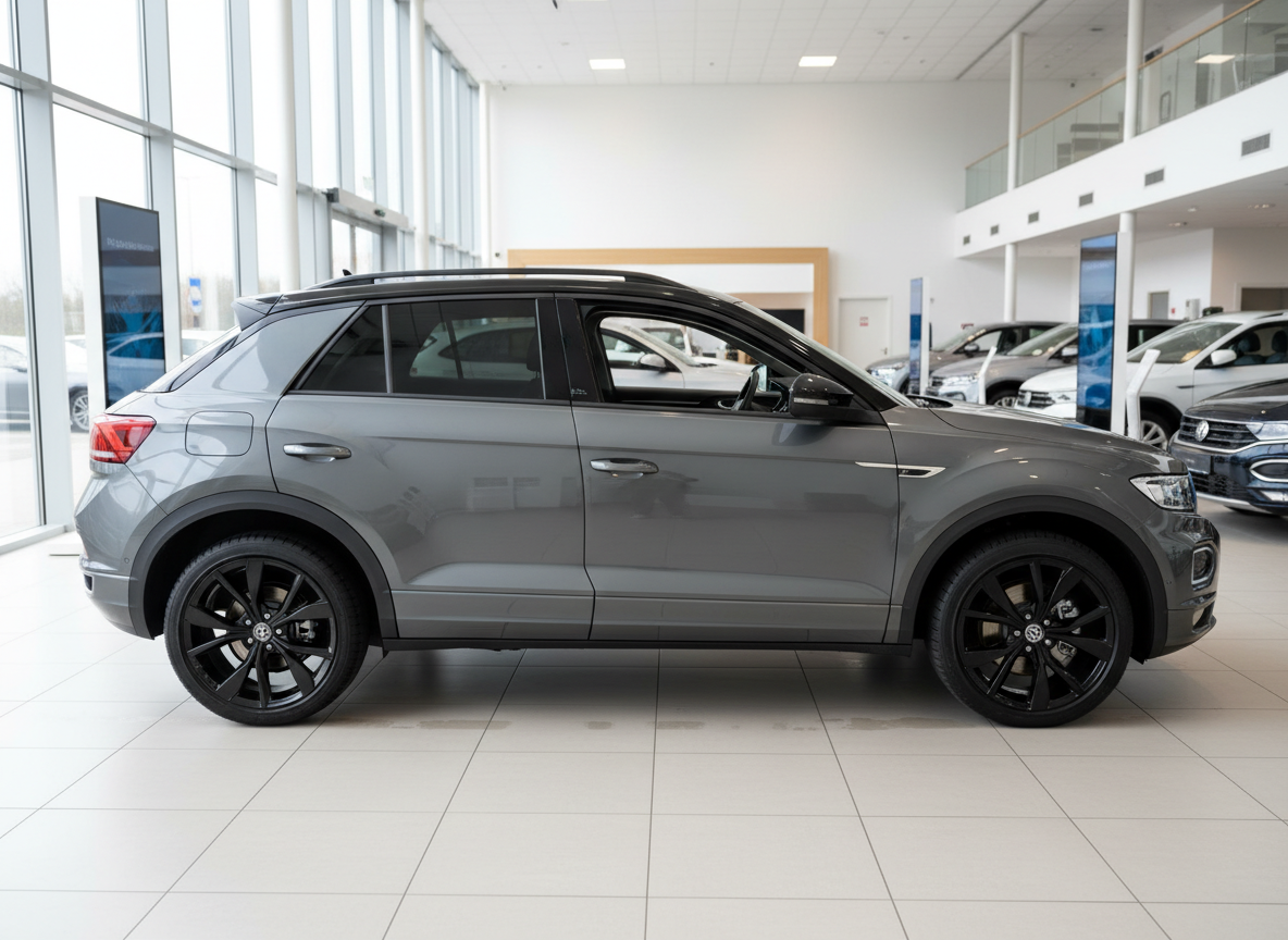 Volkswagen T-Roc in Grau mit schwarzen Felgen in einem VW-Autohaus – Seitenansicht