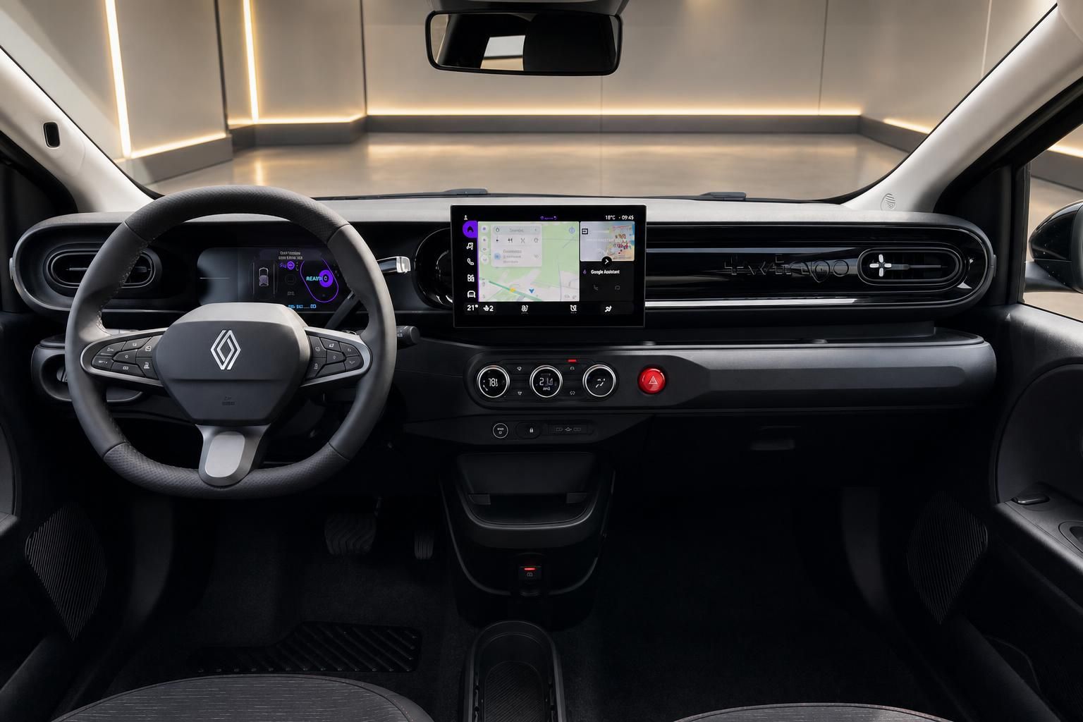 Modernes Cockpit mit Touchscreen-Infotainment und Renault-Logo am Lenkrad - Armaturenbrett-Ansicht
