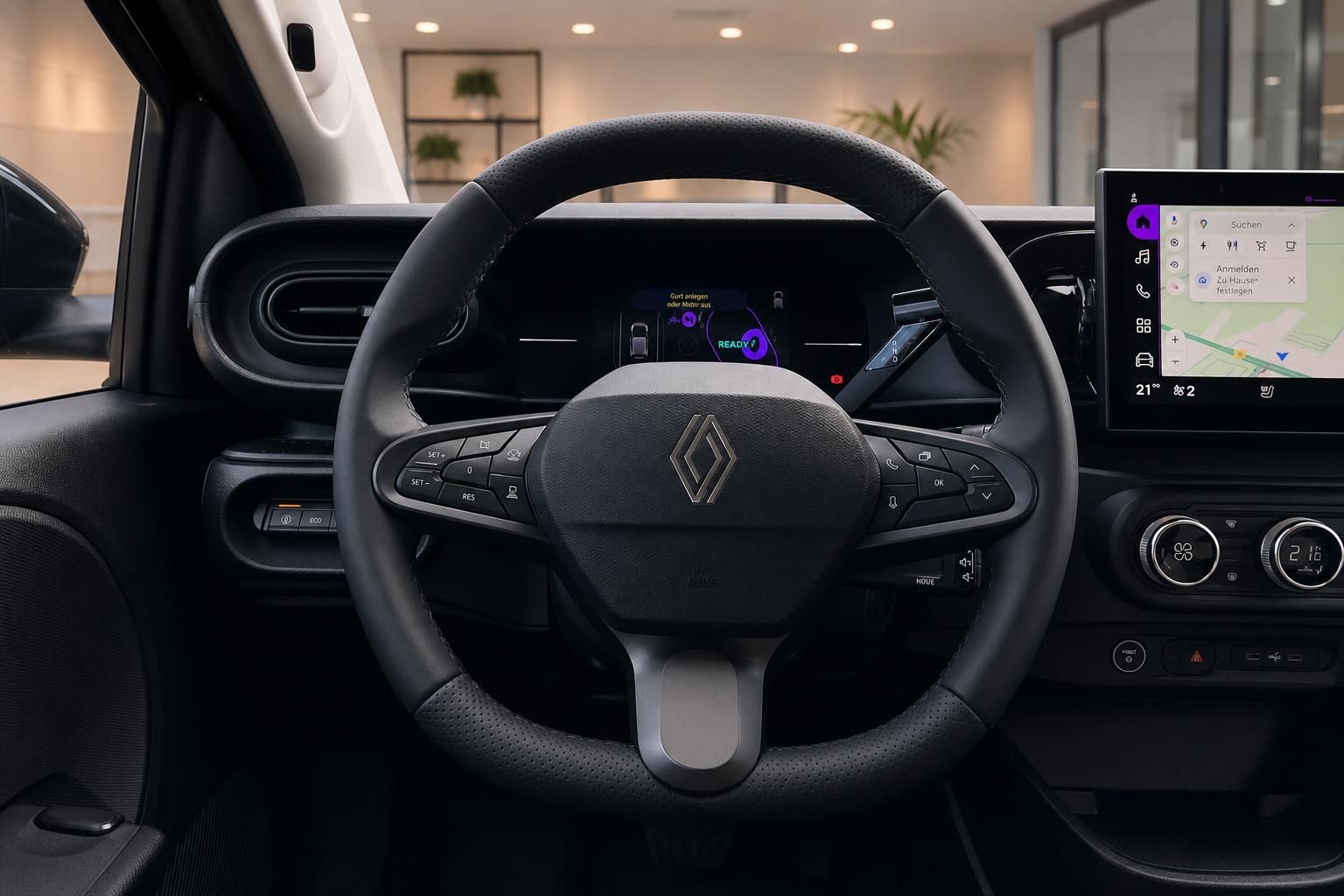 Renault Innenraum mit Lenkrad, Cockpit und digitalem Infotainment-Display