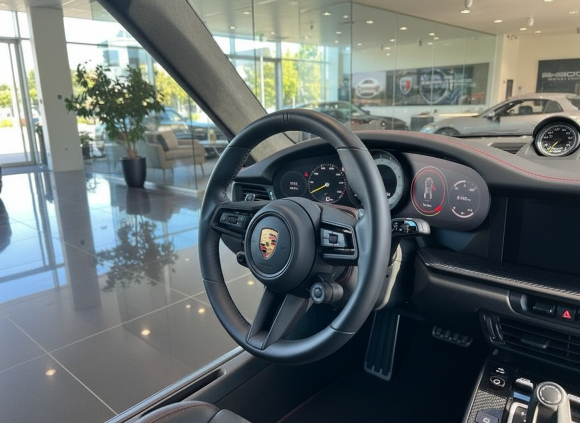 Porsche 911 Innenraum mit schwarzem Lenkrad, digitalem Kombiinstrument und Alcantara-Verkleidung im Porsche Autohaus Showroom