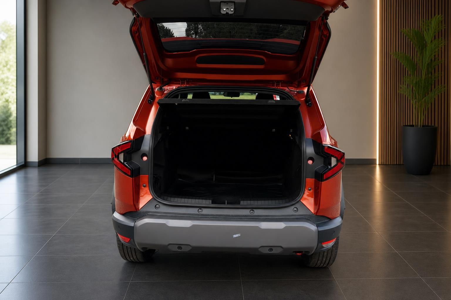 Roter SUV mit geoeffneter Heckklappe und leerem Kofferraum in Ausstellung