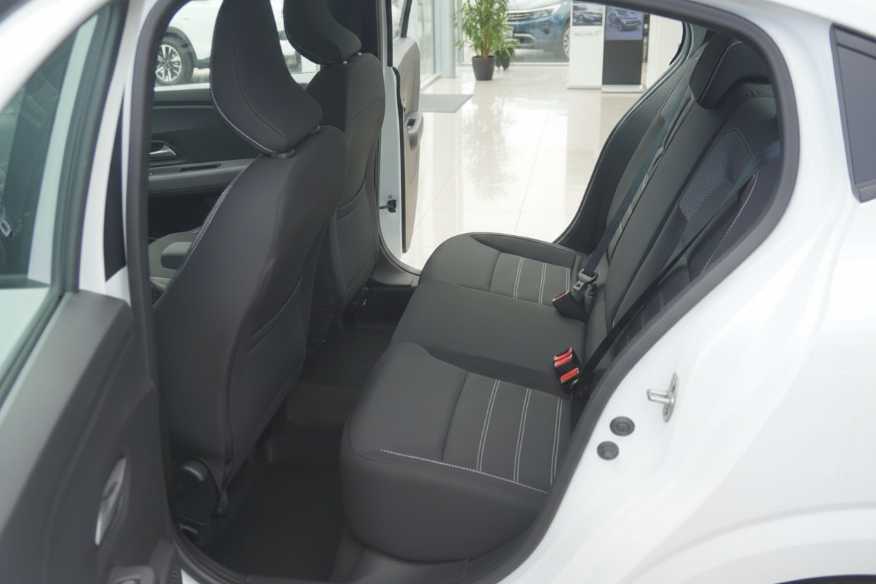 Fahrzeuginnenraum Rücksitzbank schwarz Leder mit weißen Ziernähten und Sicherheitsgurten