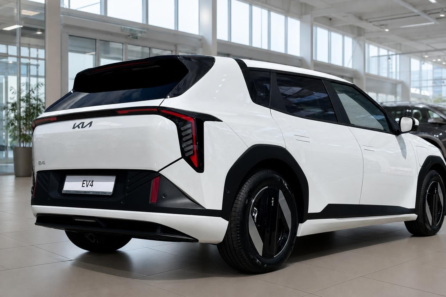 Kia EV4 Weiß, Heckansicht schräg mit Design-Rückleuchten im Showroom