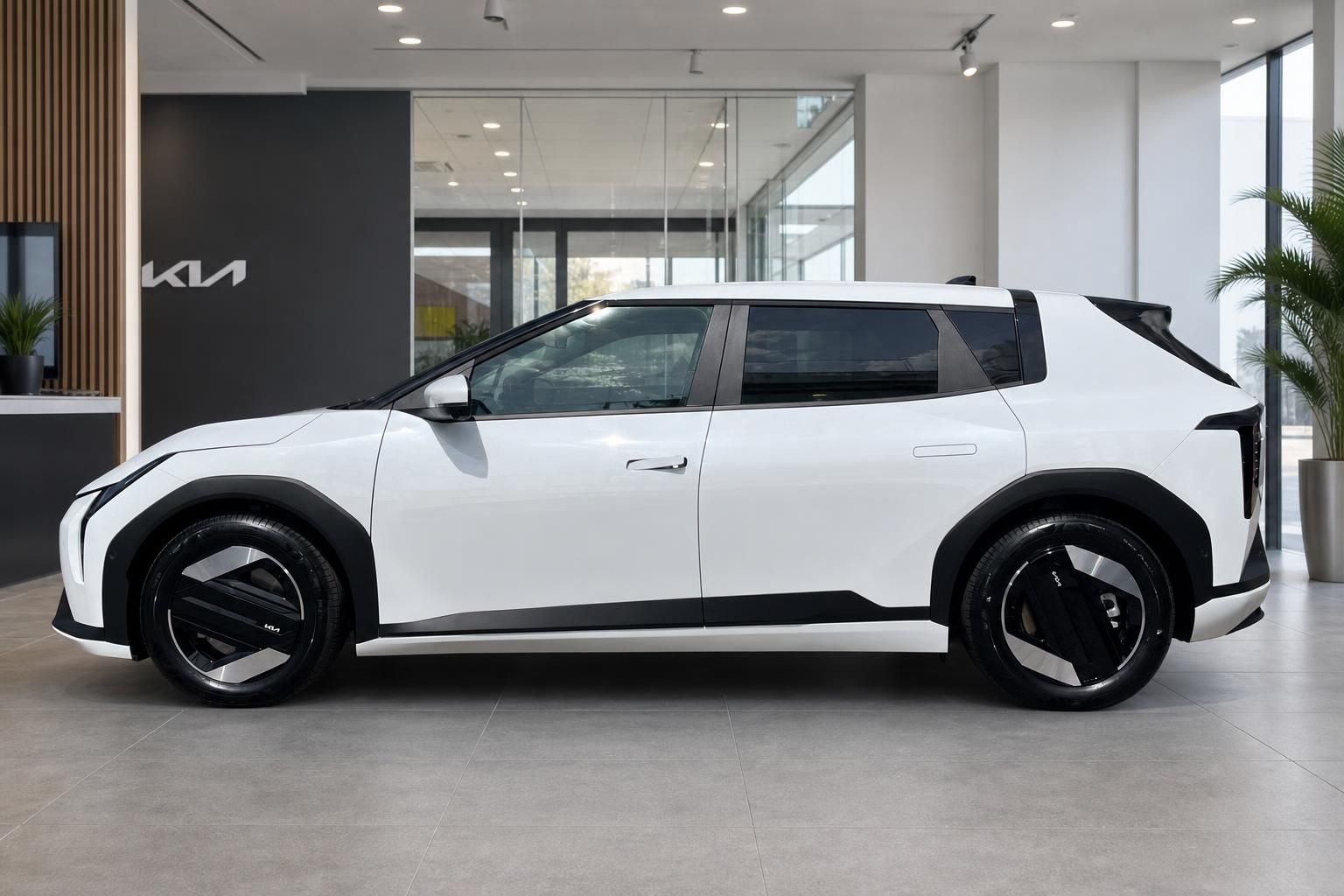 Kia EV4 in Weiß, Seitenansicht im Autohaus vor Kia Logo