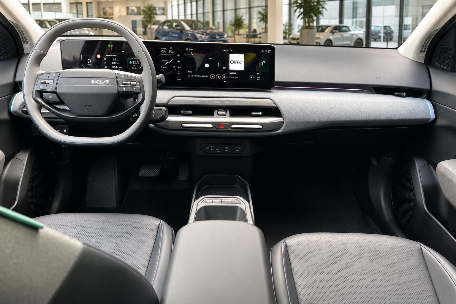 Kia EV4 Cockpit mit Lenkrad, Display und Vordersitzen
