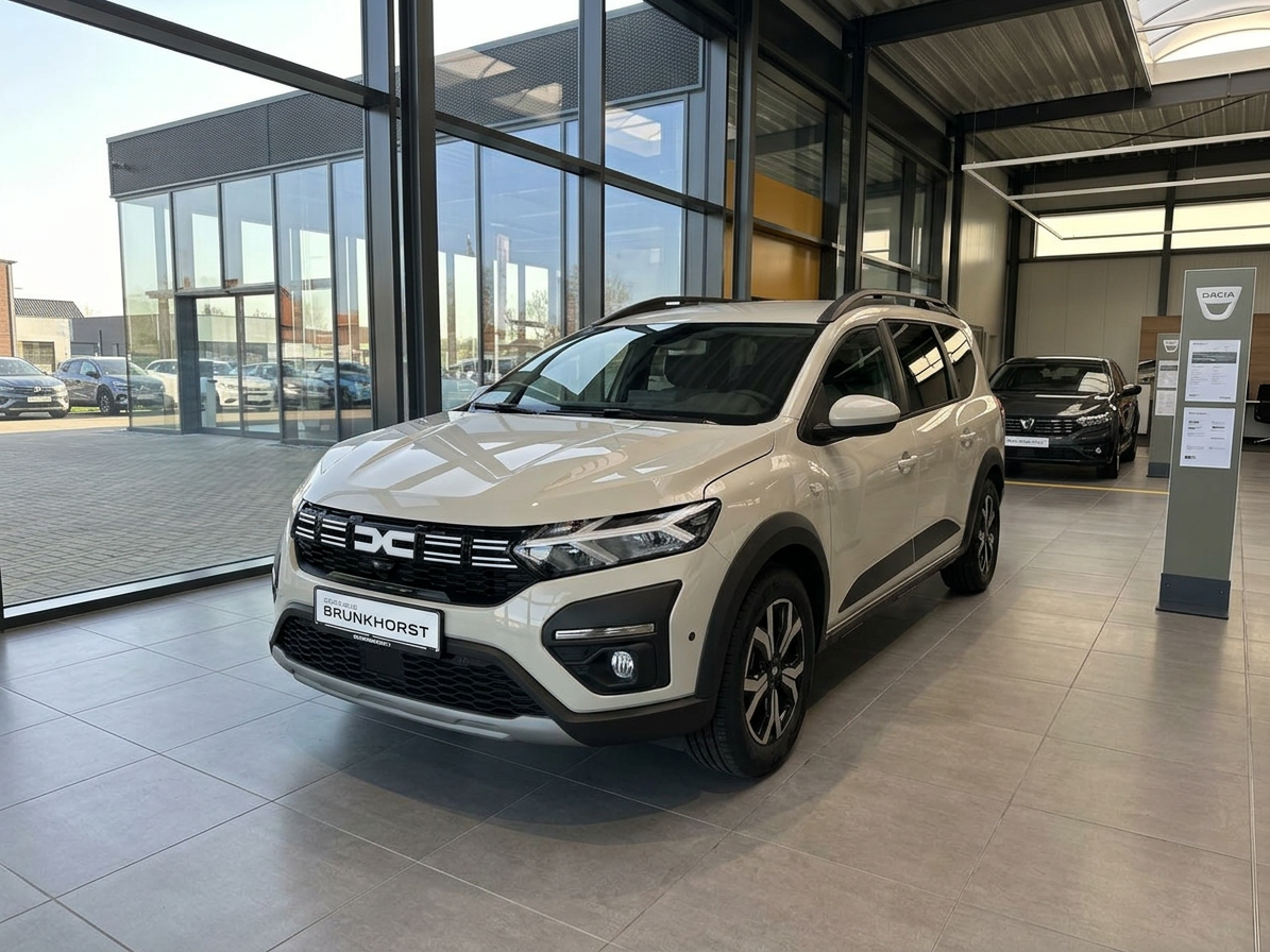 Dacia Jogger in Weiß im Autohaus Brunkhorst Showroom – moderner 7-Sitzer SUV