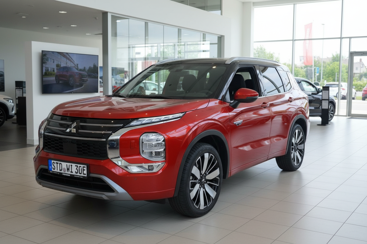 Roter Mitsubishi Outlander PHEV SUV im Autohaus Showroom, Frontansicht