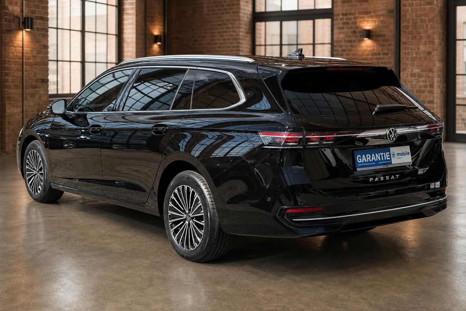 VW Passat Variant schwarz Heck seitlich vor Industriefenstern