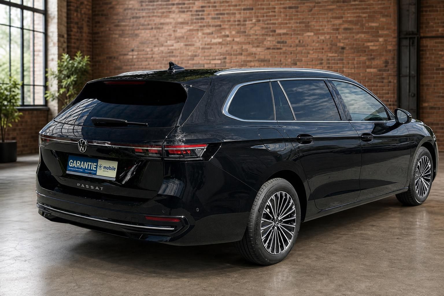 VW Passat Variant schwarz Heckansicht seitlich mit Pflanzen im Hintergrund