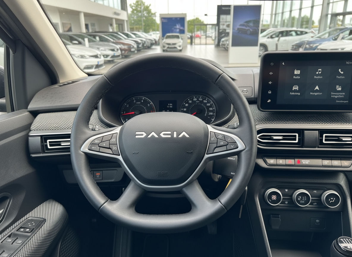 Dacia Innenraum Cockpit mit Lenkrad, Tacho und Infotainment-Touchscreen im Autohaus