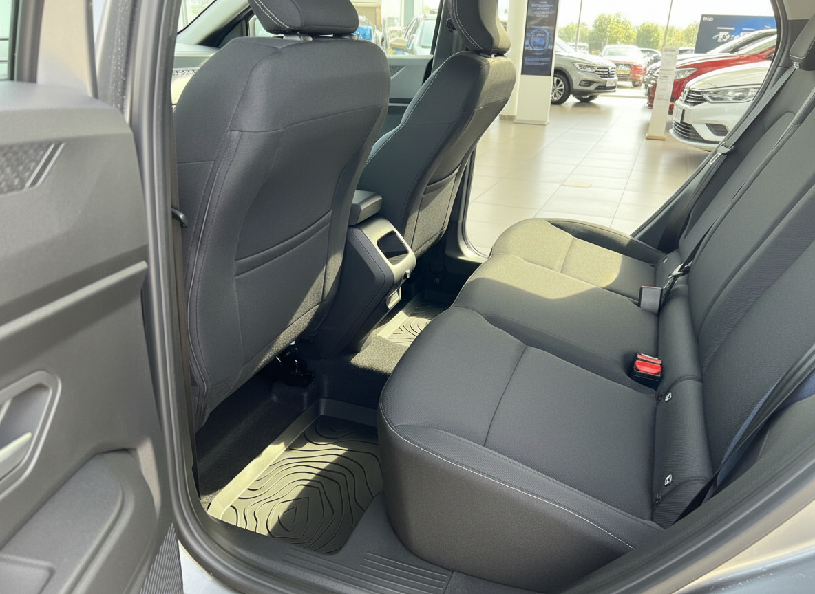 Fahrzeuginnenraum Rücksitzbereich mit schwarzen Stoffsitzen und Fußmatten im Autohaus