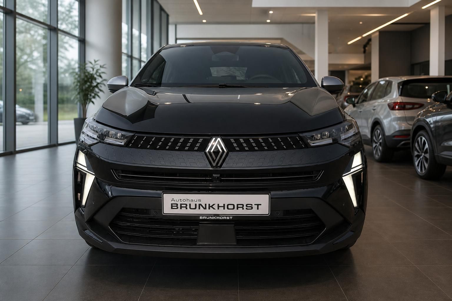 Renault Captur SUV in schwarz, Frontansicht mit LED-Scheinwerfern im Autohaus