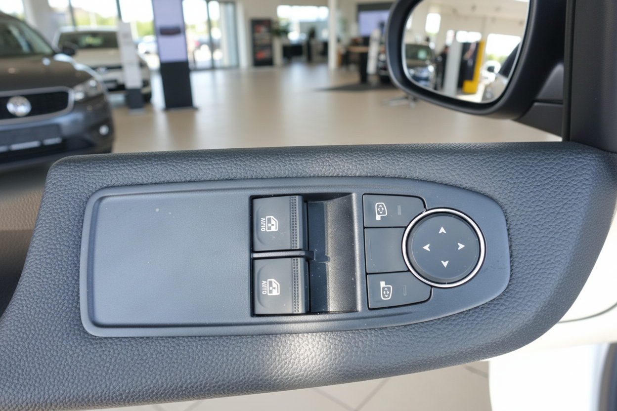 Fahrzeugtür Innenraum mit elektrischen Fensterheberschaltern und Spiegelverstellung im Autohaus