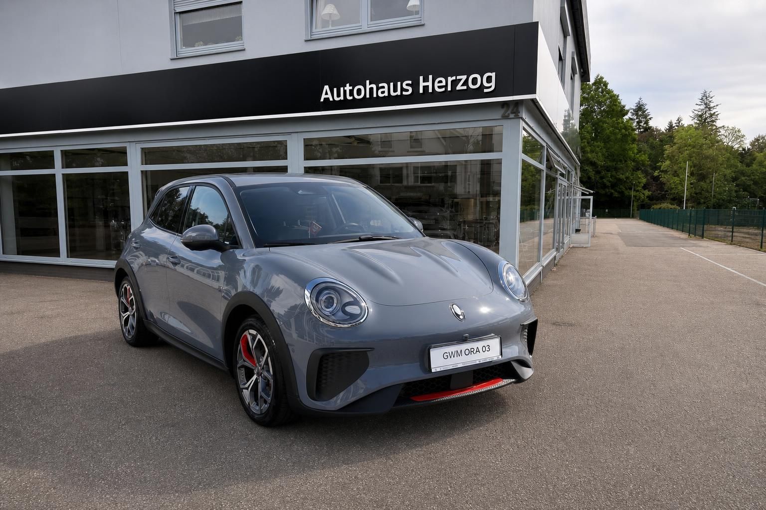 GWM Ora 03 grau Frontansicht schräg vor Autohaus