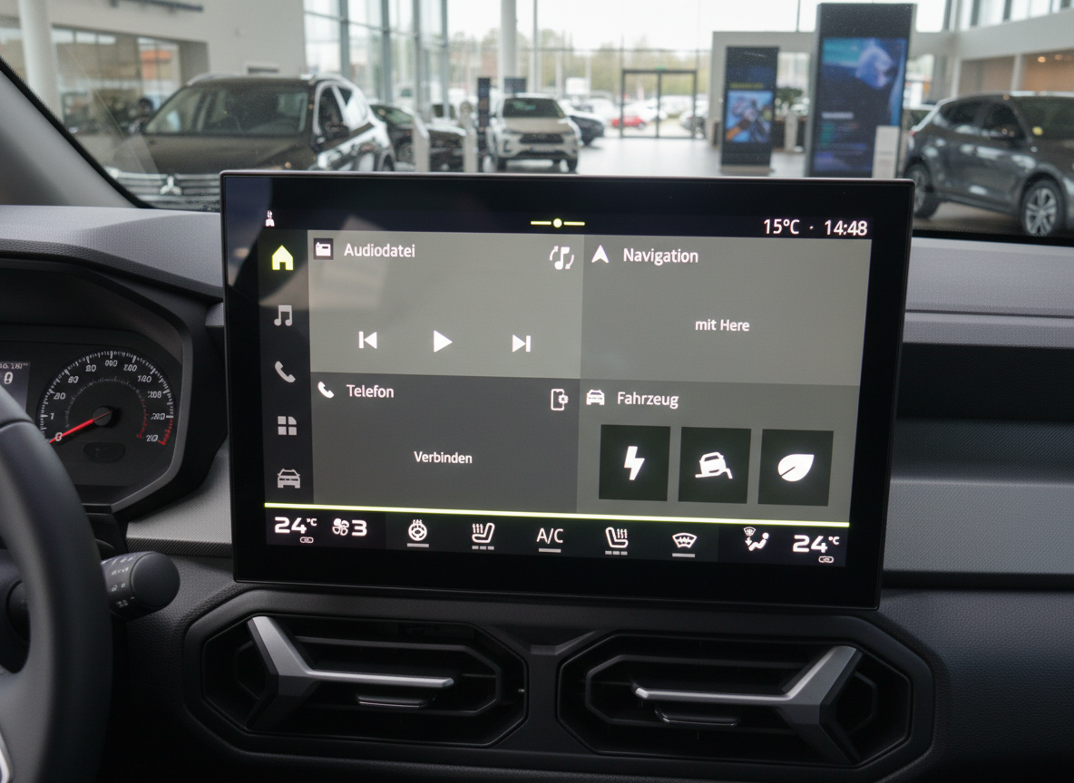 Dacia Infotainment-System Touchscreen mit Navigation, Audio und Fahrzeugeinstellungen im Innenraum