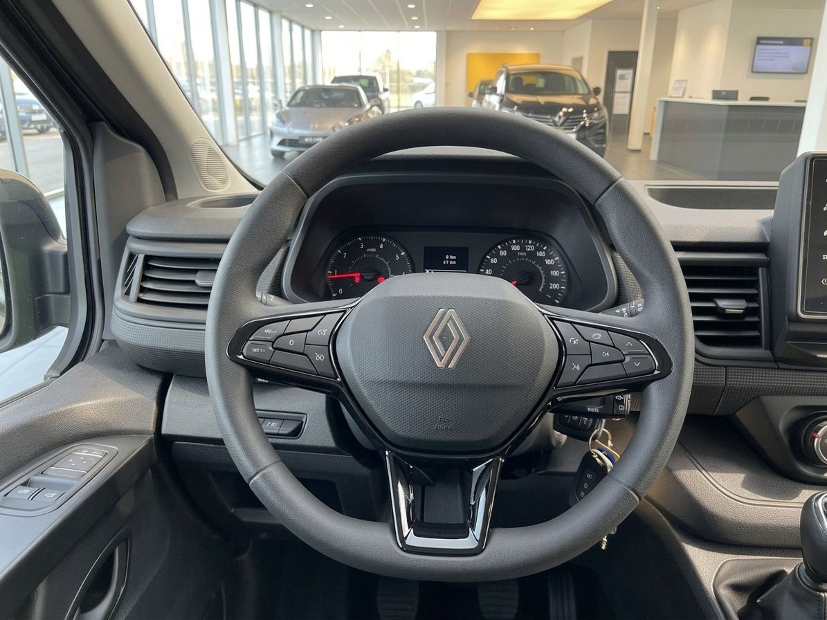 Renault Cockpit mit Lenkrad, Armaturenbrett und Blick in Autohaus Showroom