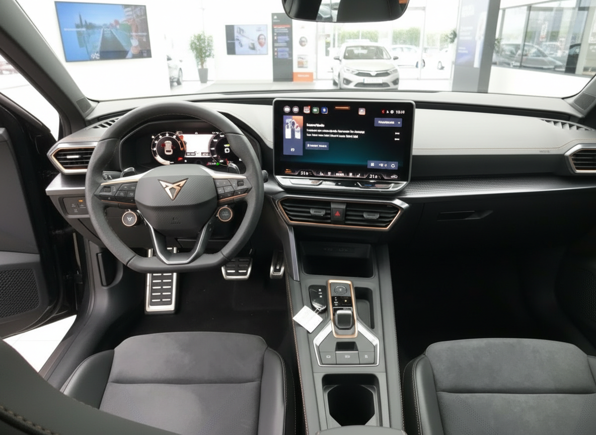 CUPRA Innenraum mit Sportlenkrad, digitalem Cockpit und großem Touchscreen-Infotainmentsystem