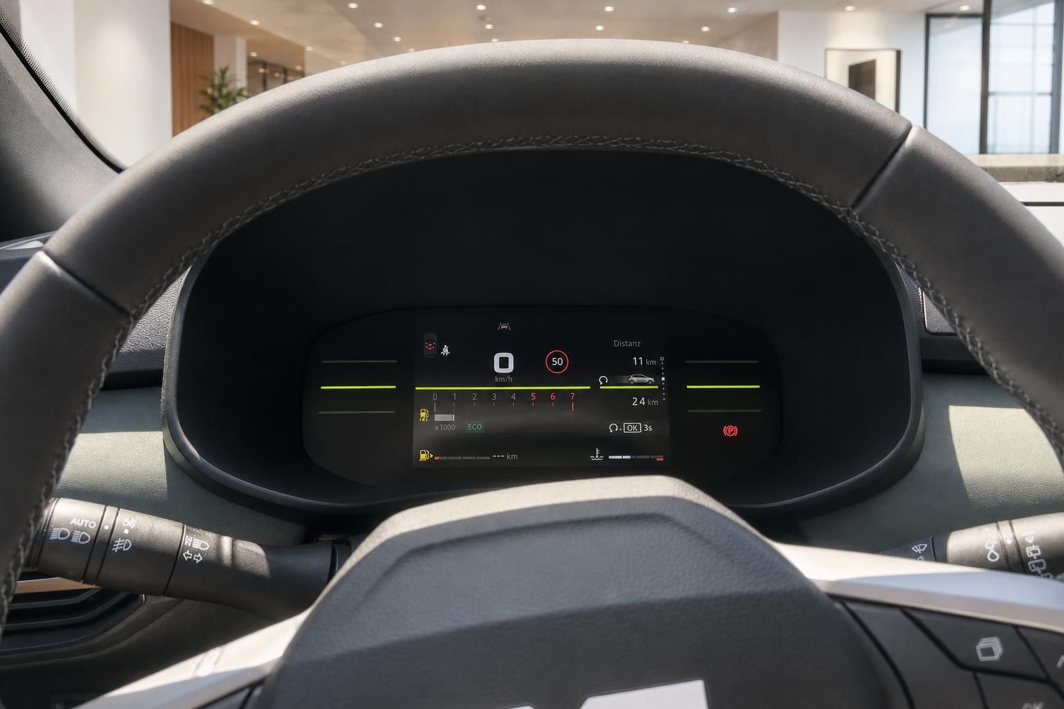 Digitales Kombiinstrument mit Tempolimit-Anzeige im Fahrzeugcockpit