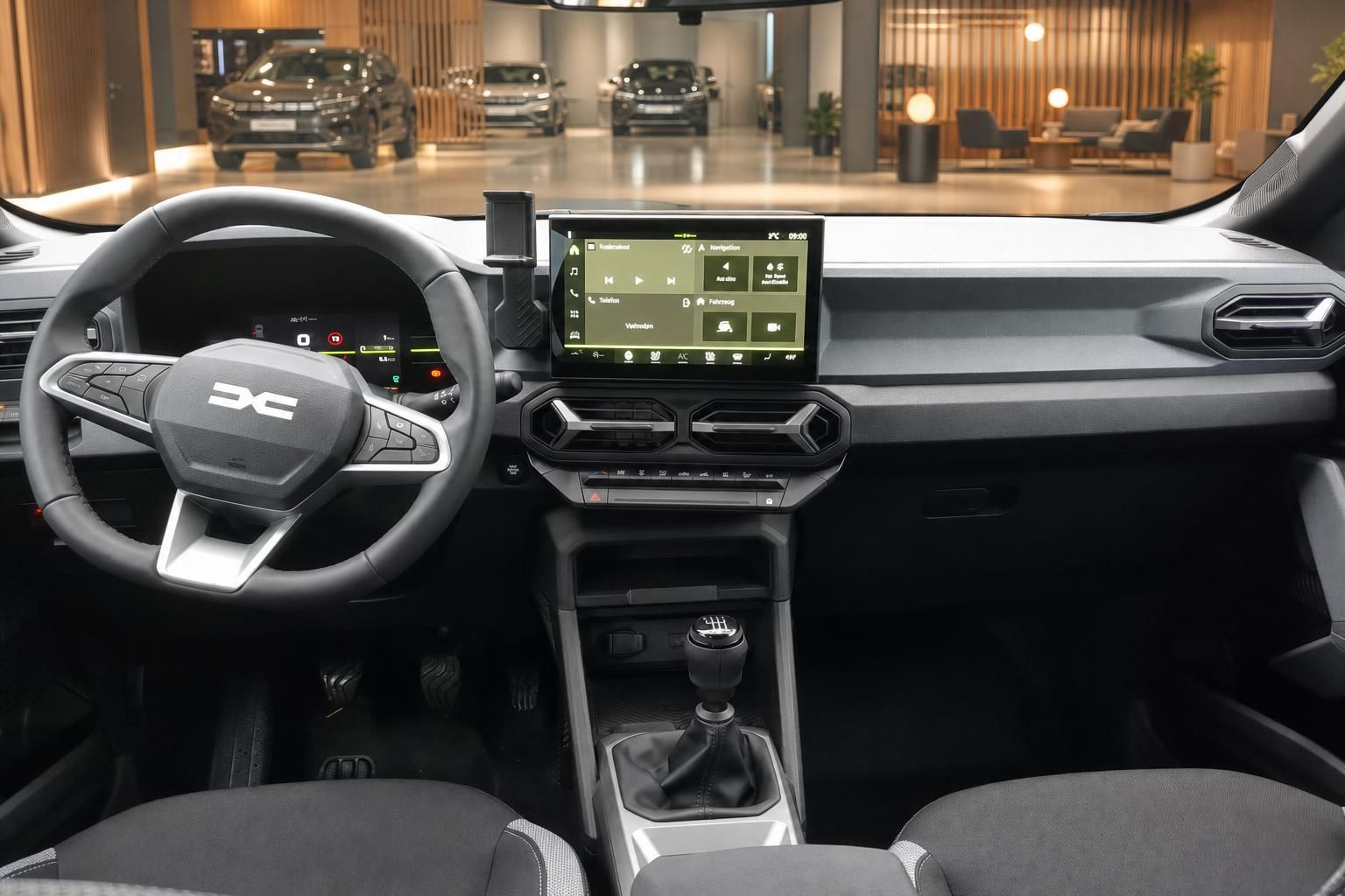 Modernes Fahrzeug Cockpit mit digitalem Display und Lenkrad - Innenraumansicht