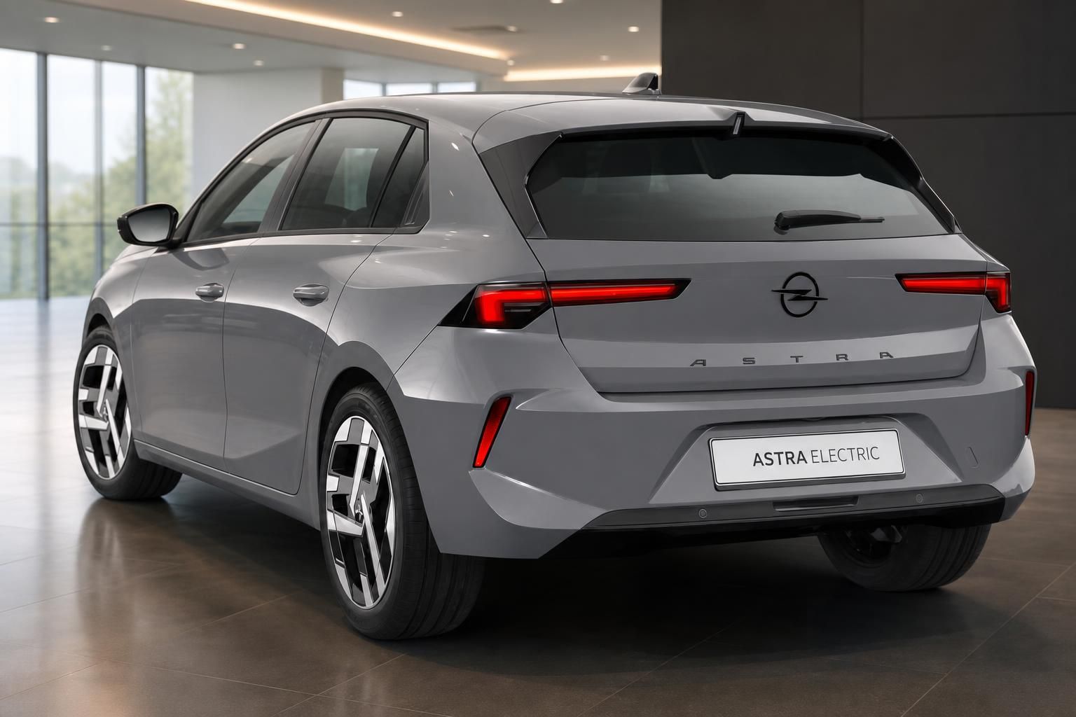 Opel Astra Electric grau Heckansicht mit LED-Rückleuchten