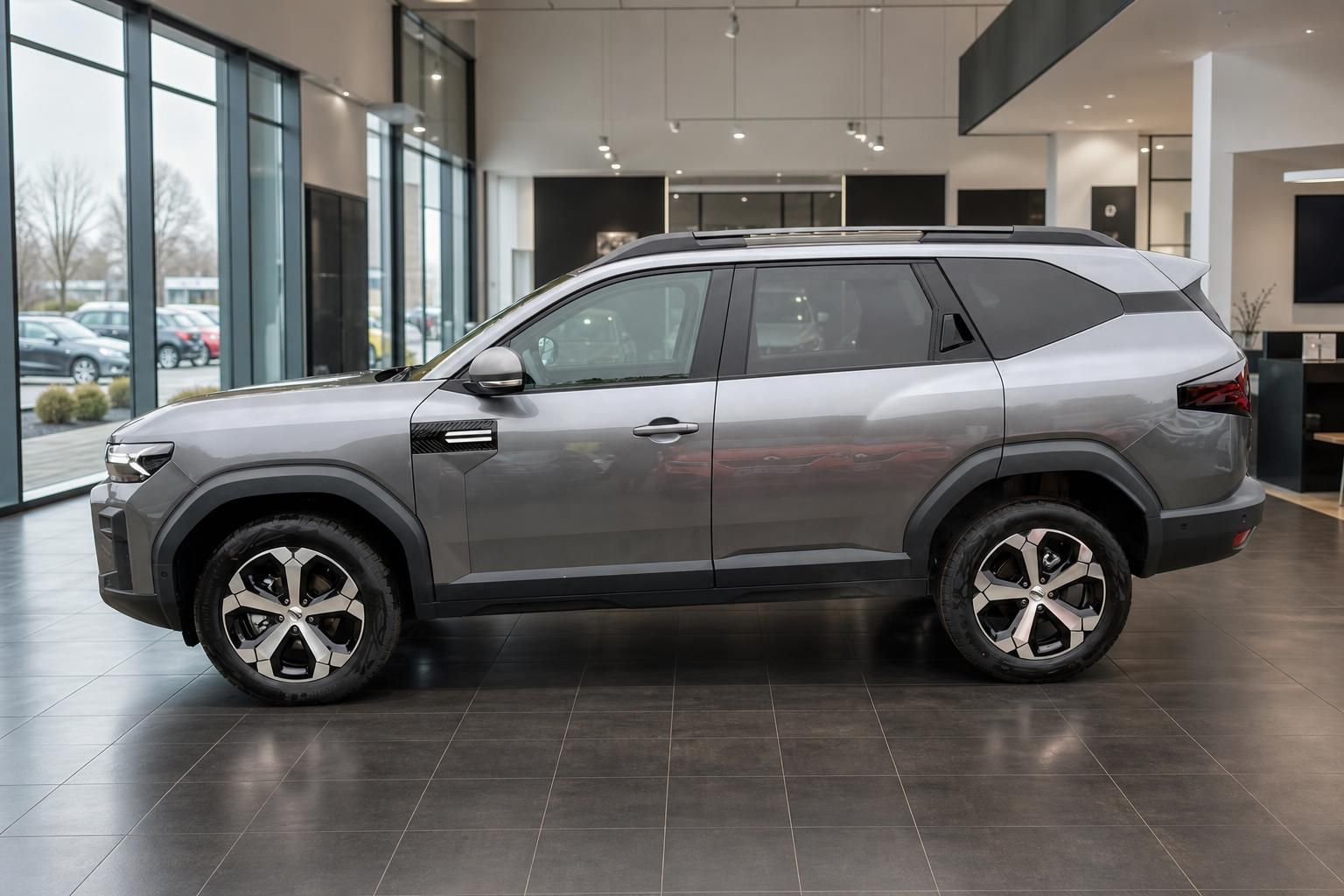 Dacia Bigster grauer SUV Seitenansicht mit Alufelgen im Autohaus