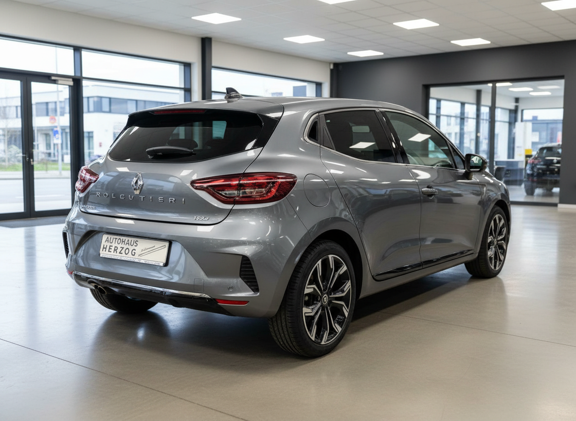 Renault Clio V Hybrid in Grau – Heckansicht im Autohaus Herzog Showroom