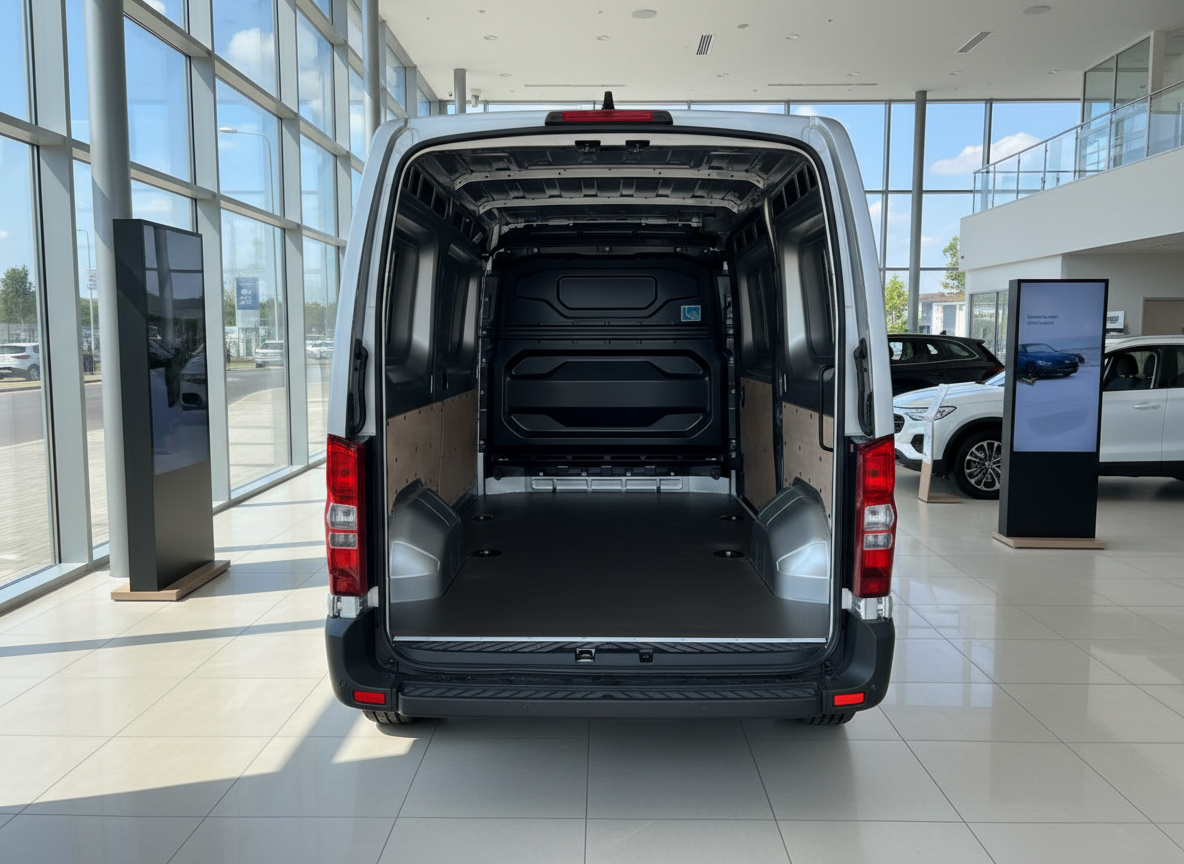 Weißer Kastenwagen Laderaum offen im Autohaus – geräumiger Transporter von hinten
