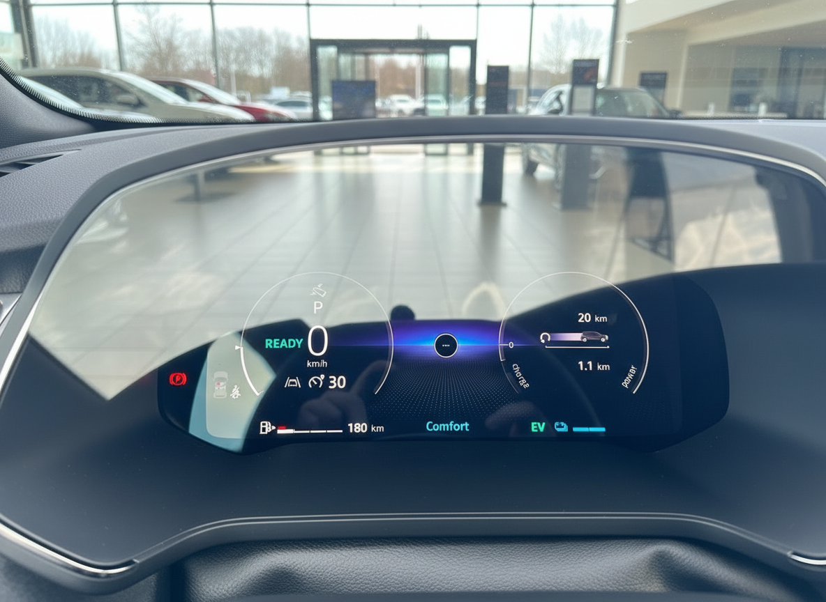 Digitales Kombiinstrument eines Elektro-Hybridfahrzeugs mit READY-Anzeige, Comfort-Modus und EV-Betrieb