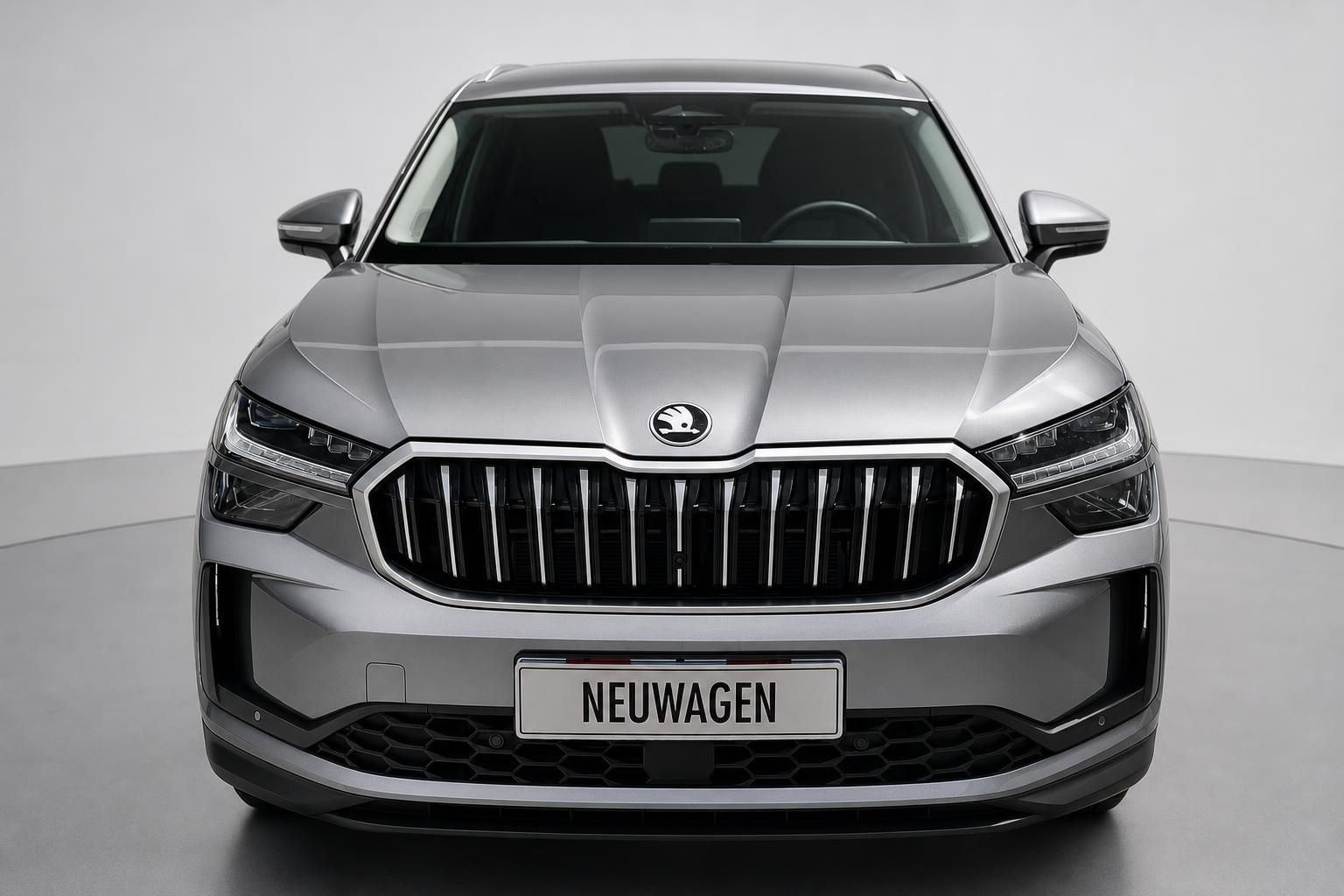Škoda SUV Frontansicht in Silber mit markantem Kühlergrill