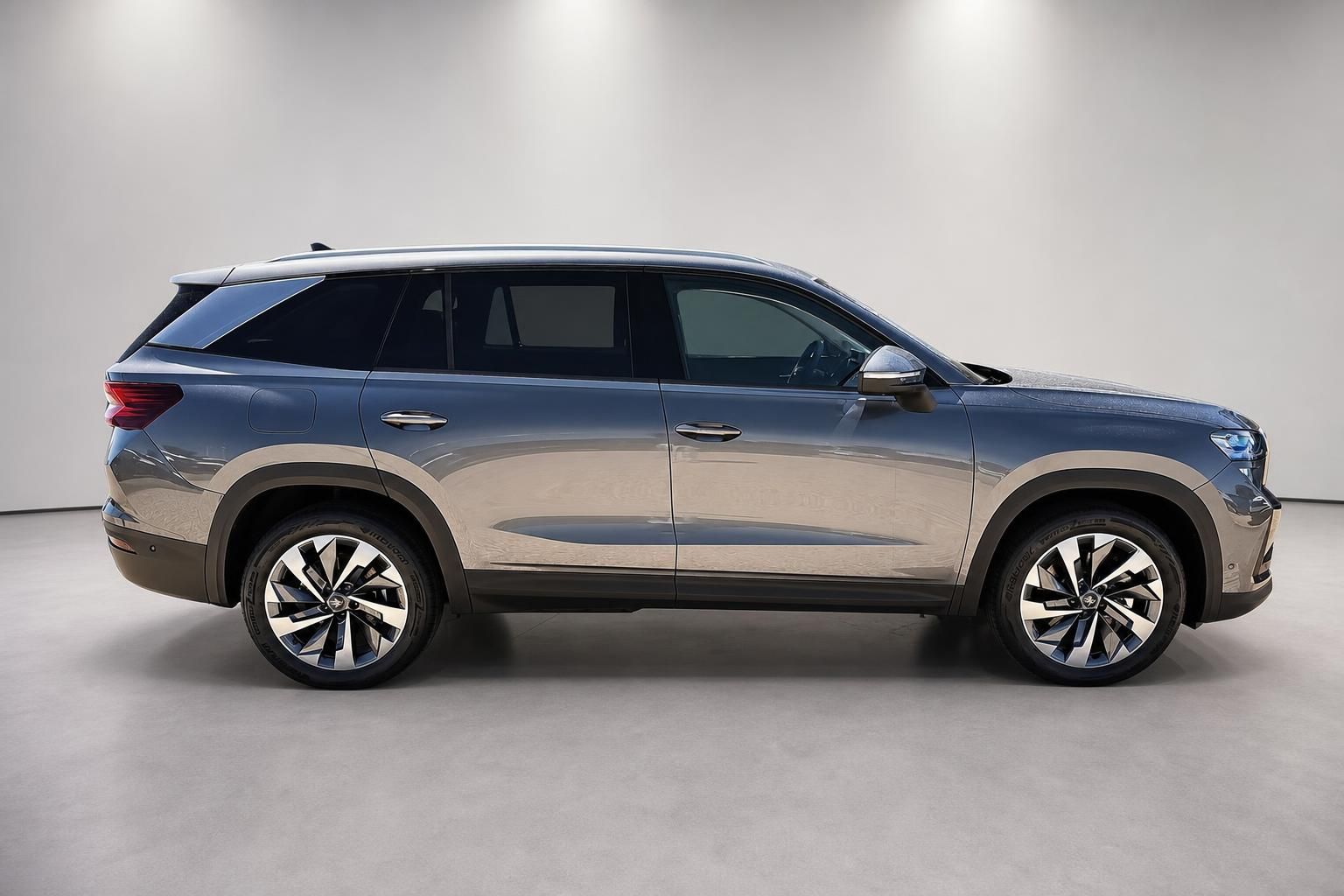 Škoda SUV Seitenansicht in Braun-Grau vor weißem Hintergrund