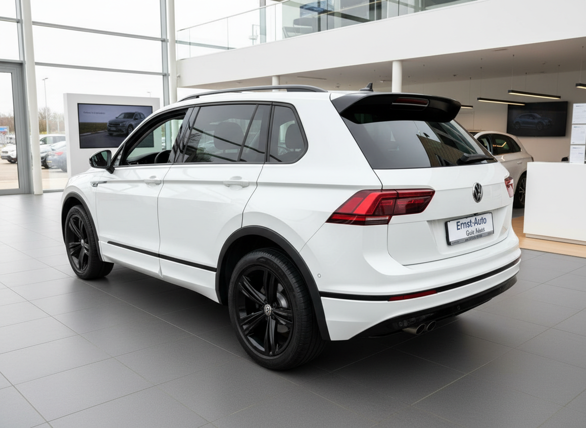 Weißer Volkswagen Tiguan R-Line mit schwarzen Felgen im Autohaus Ernst-Auto