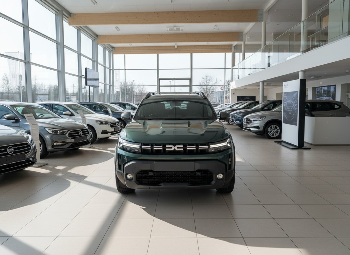 Dacia Duster SUV in Dunkelgrün Frontansicht im Autohaus Showroom