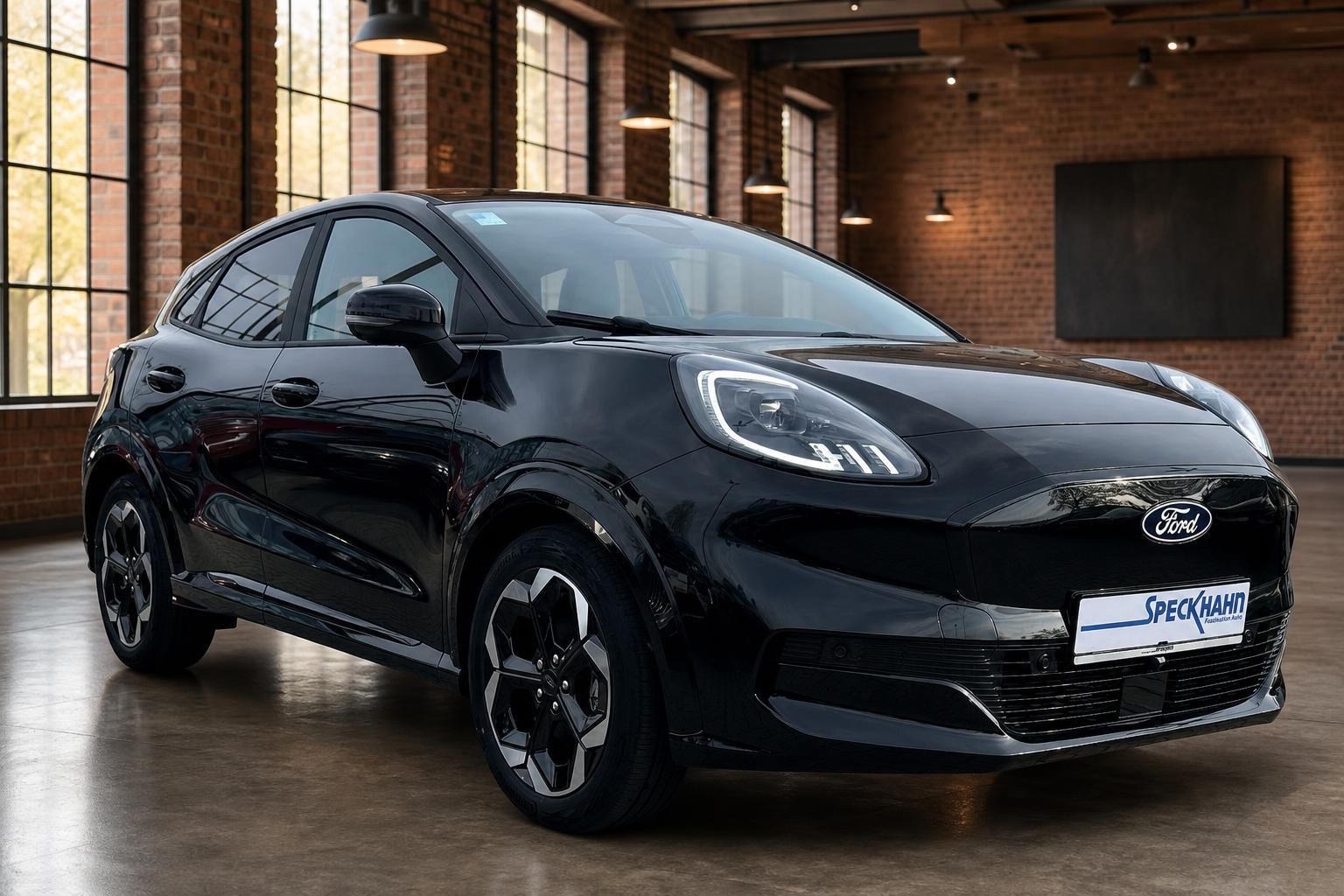 Ford Puma schwarz Frontansicht schräg rechts – LED-Scheinwerfer und schwarze Felgen im Industrieloft