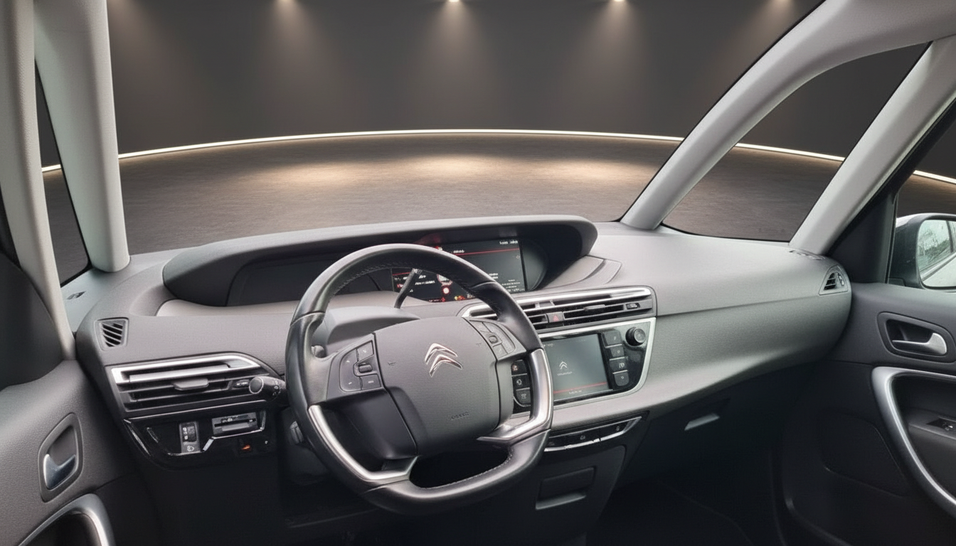 Citroën Fahrzeug Innenraum mit Lenkrad, Armaturenbrett und Infotainmentsystem in grauem Design