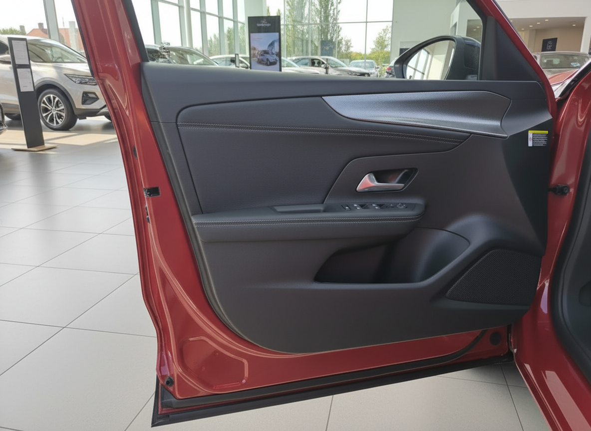 Rotes Fahrzeug Innenraum – Fahrertür mit schwarzer Verkleidung und Fensterheber im Autohaus